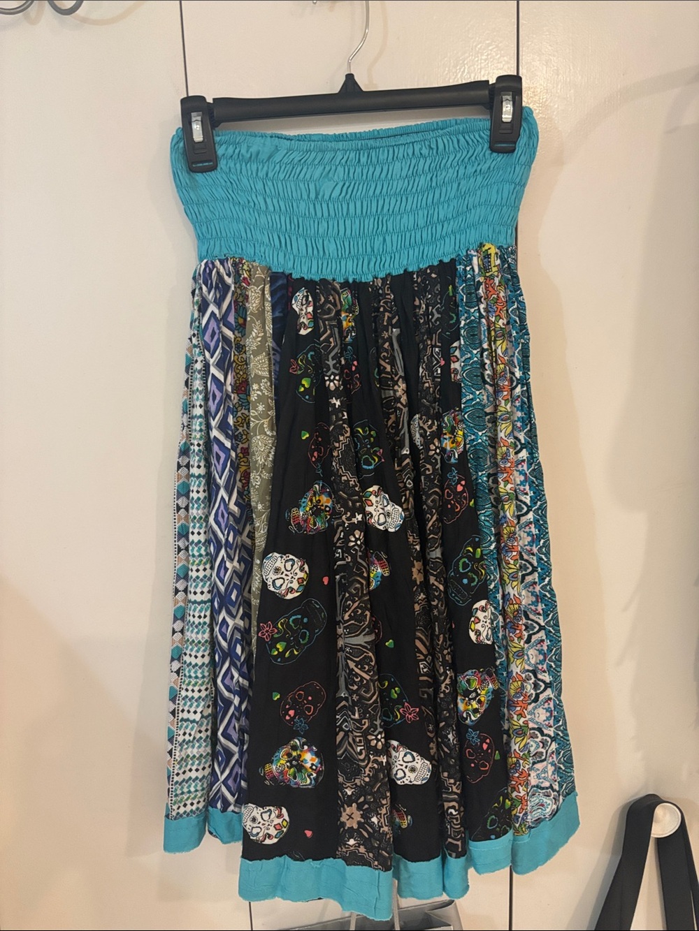 Patchwork Rayon Boho Maxi Skirt in Multicolor Skulls Made in India O/S